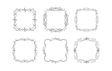 Set of hand drawn vintage swirl borders. Vector isolated vignette ornate frames for invitation card. Calligraphic scrolls.