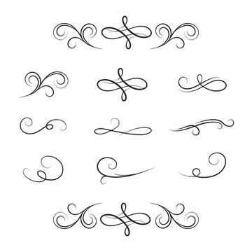 Set of royal swirl dividers.  Vector isolated victorian borders. Classic wedding invitation calligraphic lines. Filigree vignette scrolls.