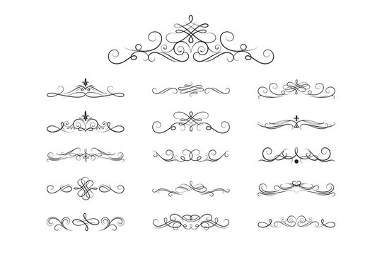 Set of filigree vignette dividers.  Vector isolated victorian borders, swirls and scrolls.. Classic wedding invitation calligraphic lines. 