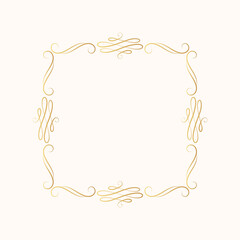 Hand drawn golden royal swirl border in victorian  style. Vector isolated vintage ornate frame.  Calligraphic gold scrolls for invitation card.
