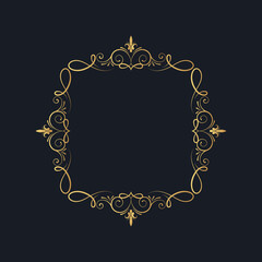 Hand drawn golden ornate swirl border in classic royal  style. Vector isolated vintage certificate frame.  Calligraphic gold scrolls for invitation card.