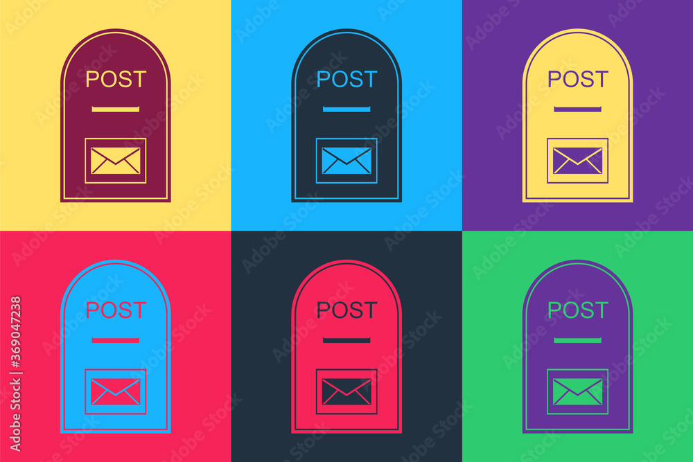 Poster pop art mail box icon. post box icon isolated on color background. vector.