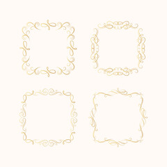 Set of hand drawn golden vignette swirl borders in royal style. Vector isolated vintage certificate frames for invitation card. Calligraphic gold scrolls.