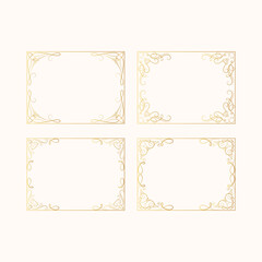 Set of vintage royal frames with gold filigree decor elements. Vector isolated hand drawn golden rectangular swirl borders. Royal wedding invitation cards.