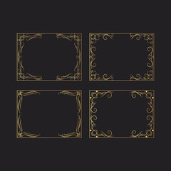 Set of hand drawn golden rectangular swirl borders. Vector isolated vintage royal frames with gold filigree decor elements. Royal wedding invitation cards.