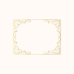Vintage wedding invitation card template in royal style. Certificate frame with gold filigree decor elements. Vector isolated hand drawn golden rectangular swirl border. 