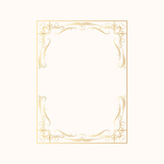 Vintage wedding invitation card template in art deco style. Certificate frame with gold filigree decor elements. Vector isolated hand drawn golden rectangular swirl border. 
