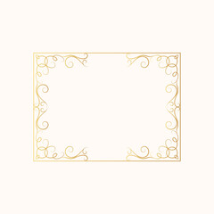 Vintage wedding invitation card template in victorian style. Certificate frame with gold filigree decor elements. Vector isolated hand drawn golden rectangular swirl border. 