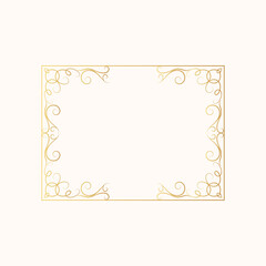 Vintage wedding invitation card template in victorian style. Certificate frame with gold filigree decor elements. Vector isolated hand drawn golden rectangular swirl border. 