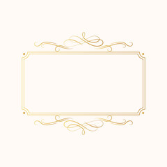 Hand drawn golden vintage rectangular swirl border in royal style. Vector isolated luxury wedding invitation card template. Certificate frame with gold filigree decor elements. 