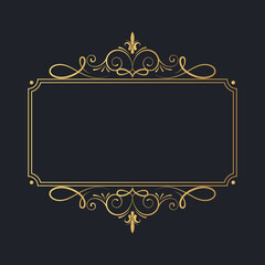 Hand drawn golden royal rectangular swirl border in vintage style. Vector isolated luxury wedding invitation card template. Certificate frame with gold filigree decor elements. 