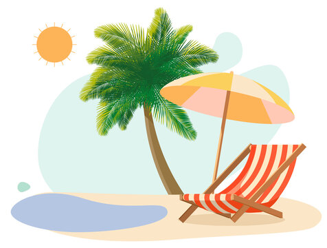 beach scene with palm tree, chair, umbrella clip art preview