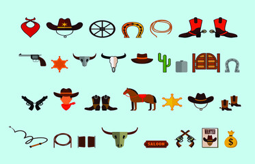 Cowboy icons. Included the icons as west, gun, horse and more. vector illustration isolated on blue background