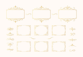 Set of hand drawn rectangular golden swirls, scrolls,  borders in baroque style. Certificate gold frames with filigree elements.  Vector isolated luxury wedding invitation card templates and dividers.
