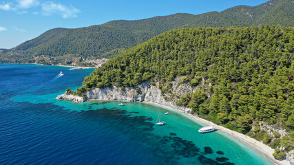 Fototapeta premium Aerial drone photo of breathtaking secluded turquoise beaches of Ftelia and Megalo Pefko in island of Skopelos, Sporades, Greece