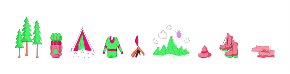 Obraz premium set of hiking element vector. hat, boot, mountain and more