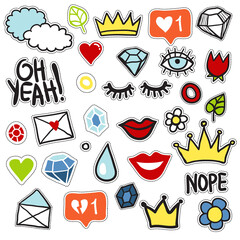 Big set of naive fashion elements in patch style. Stickers, badges, pins design kit.