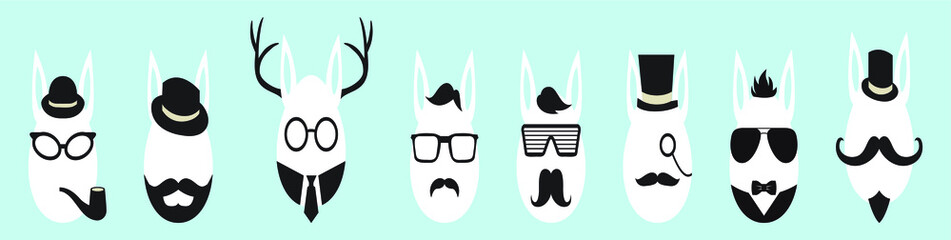 Hipster Easter. set of stylish egg decoration icons in cartoon style isolated on blue background