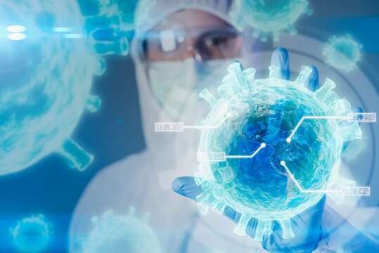 scientist analyzing coronavirus hologram - Powered by Adobe