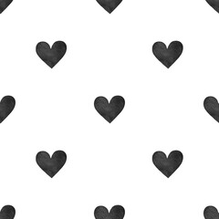 Watercolor seamless heart pattern Cute wrapping print Hand drawn romantic print with black hearts on white background