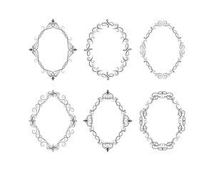 Set of hand drawn vintage oval swirl frames. Elegant ornate fancy round borders for wedding. Vector isolated filigree invitation card.