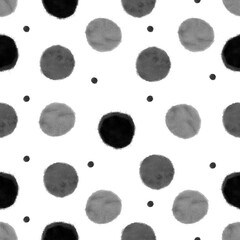 Hand drawn round seamless pattern in monochrome color Black circles and polka dots on white background