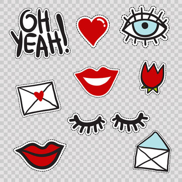 Set of cute elements: lowered lashes, oh yeah phrase, blue eye, red tulip flower, open mail envelope, love mail, red heart, smile lips, red lips. Hand drawn cute fashion patches or stickers kit. 
