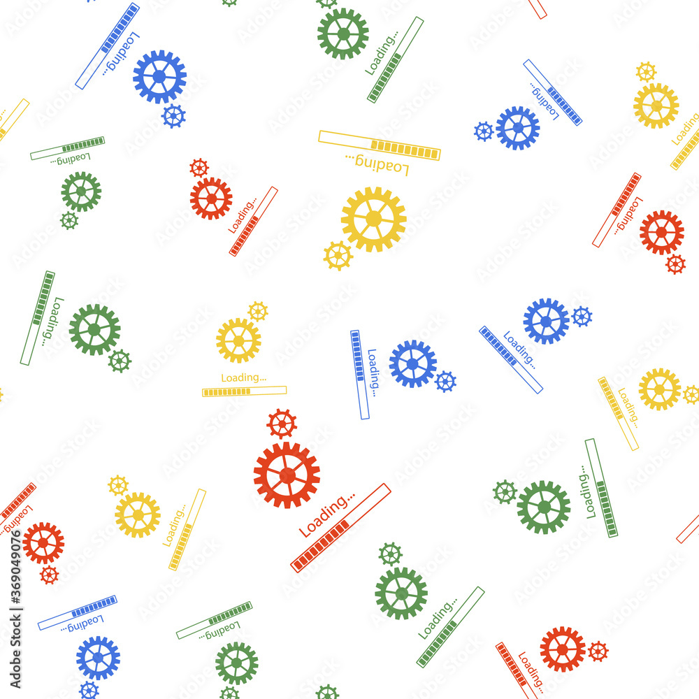 Poster color loading and gear icon isolated seamless pattern on white background. progress bar icon. system