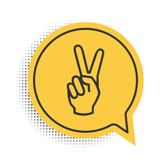 Black Hand showing two finger icon isolated on white background. Victory hand sign. Yellow speech bubble symbol. Vector.