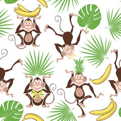 Tropical background with cute monkeys. Cartoon vector illustration on white. Seamless pattern.