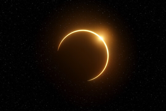 Representation of a partial solar eclipse close to the annular eclipse phase on a space background with stars