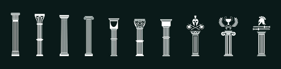 Ancient pillars set isolated on black background