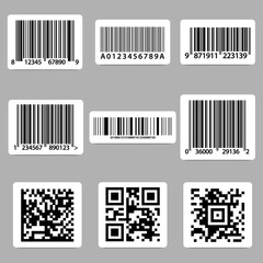 Set of barcode bar code templates for scanner digital codes for social networking, market, payments and design. Vector labels.
