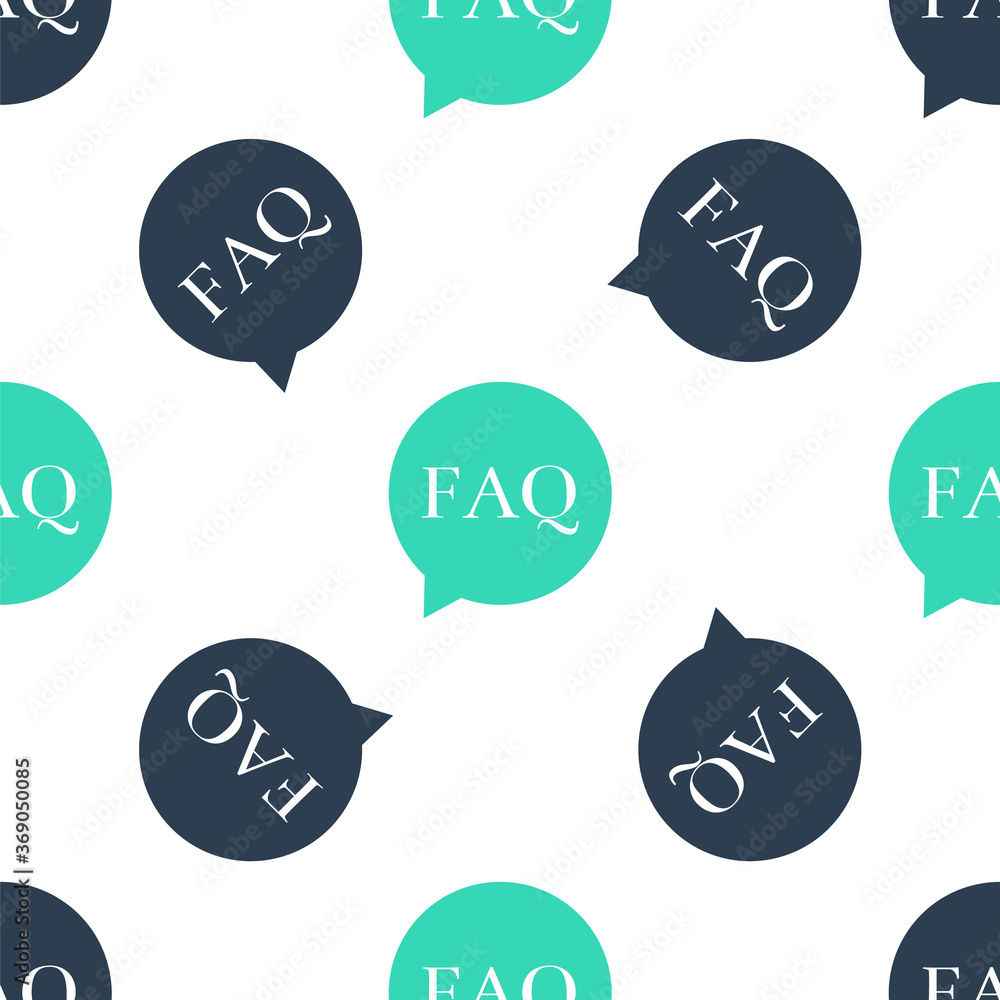 Poster green speech bubble with text faq information icon isolated seamless pattern on white background. ci