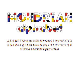 Mondrian art style alphabet design with uppercase, lowercase, numbers and symbols