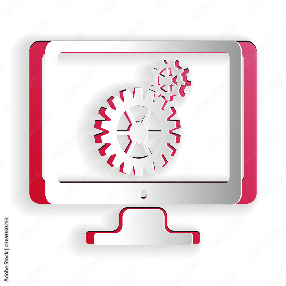 Poster paper cut computer monitor and gears icon isolated on white background. adjusting app, service, sett