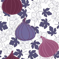 Seamless vector pattern with figs and fig tree leaves on a white background.