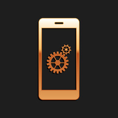 Gold Setting on smartphone screen icon isolated on black background. Mobile and gear. Adjusting app, set options, repair, fixing phone concepts. Long shadow style. Vector.