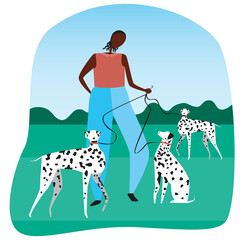 Afro man or woman walking the dogs as a dog breeding concept, flat vector stock illustration with owner, pet and Dolmatians