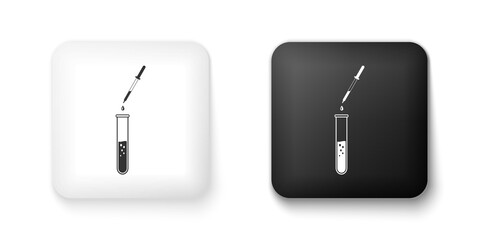 Black and white Laboratory pipette with liquid and falling droplet over test tube icon isolated on white background. Laboratory research or laboratory testing. Square button. Vector.