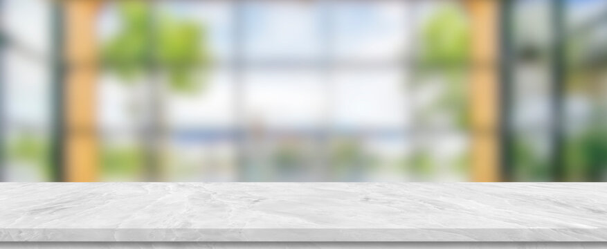 Perspective white marble shelf table and blur glass wall background window room interior decoration background, product montage display,can be used for display or montage your products.