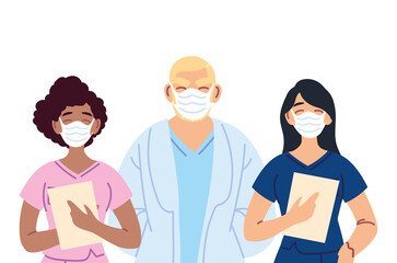 women and man doctors with medical masks vector design