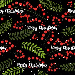Christmas seamless pattern with rowan berry and green branches on black background. Vector background for fabric, wrapping paper and phone case.