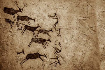 Cave art seamless pattern made of ancient wild animals, horses and hunters. Rock paintings. Hunting...