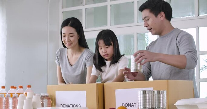 Group of Young asian male and female volunteers family putting food products in donation box together as charity workers and members of the community work to the poor during the Coronavirus pandemic.
