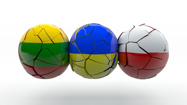 3D rendering of three destroyed spheres with flags of Lithuania, Poland and Ukraine. The idea of creating the Lublin triangle, its instability and instability of the political Union..