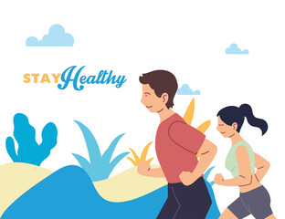 Woman and man running at park vector design