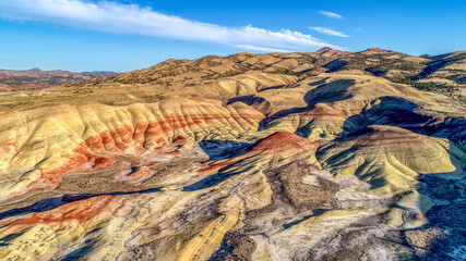 Aerial view of the Painted Hills in Oregon at sunset.