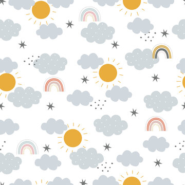 Vector Seamless pattern The sky background with rainbow and clouds and sun Hand drawn design in cartoon style