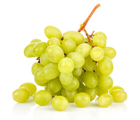 Green grapes on glossy surface with reflection isolated on white background